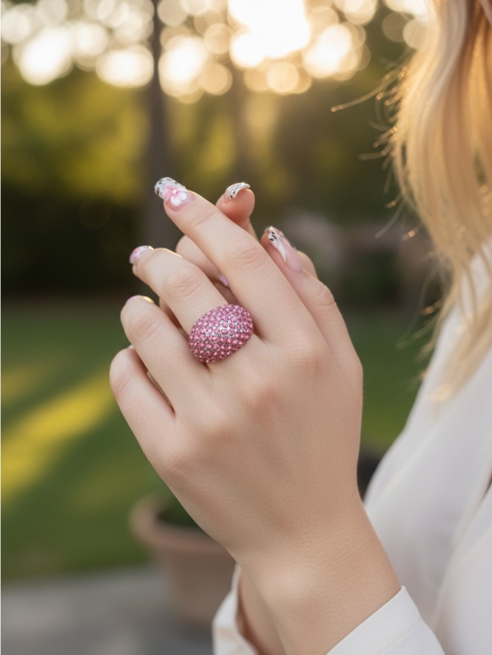 Pink Dome Crystal Cocktail Stretch Ring,  NWT